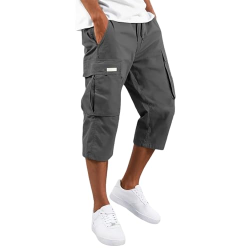 Generisch Herren Kurze Hosen 3/4 Cargo Shorts Baumwolle Sommer Dreiviertel Bermuda Cargohose Arbeitshosen mit Taschen