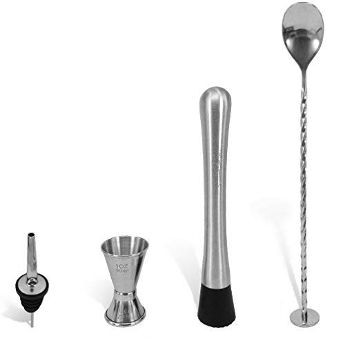 Trendy Bartender Professional Grade Bar Tools Set - Muddler, Jigger, Bar Spoon, and Liquor Pourer - Essentials for Expert Mixology in Stylish Stainless Steel