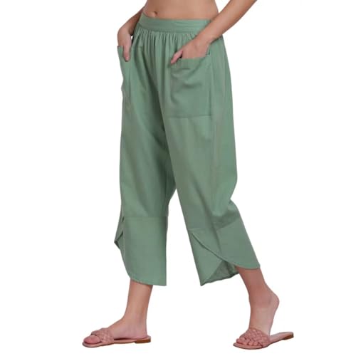 Image of Organic Cotton Yoga Pants with Loose Fit, Elasticated Waistband, Front Pockets, and Breathable Stretch for Women & Girls- Green (Bael)
