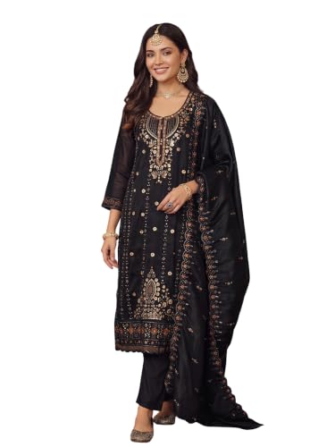 Image of INDO ERA Women's Silk Blend Embroidered Stone Work Straight Kurta & Pant with Dupatta Set | Kurta Sets For Woman