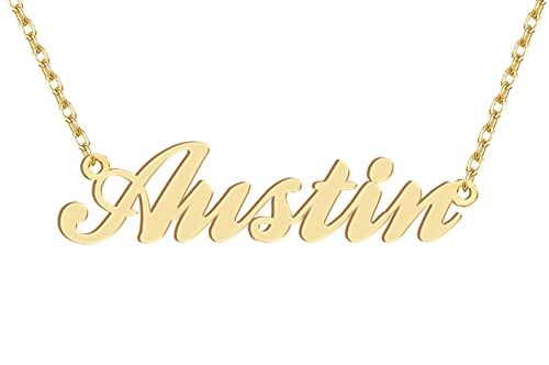 Dancing Wolf 18k Gold Plated Austin Name Necklace Stainless Steel Nameplate Necklaces Jewelry for Womens Moms