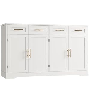 HOSTACK 60″ Large Buffet Sideboard with Storage, 36″ Tall Kitchen Buffet Storage Cabinet with 4 Drawers, Modern Coffee Bar Cabinet with Gold Handles, Long Sideboard Buffet Table for Kichen, White