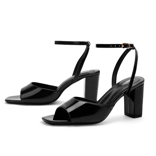 Image of Easyfox Open Toe Chunky Heel Sandals for Women Ankle Strap 3 Inch High Heels Dress Wedding Block Shoes