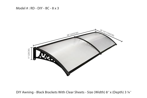 Image of CHENNAI Window Blinds and Shades DIY Polycarbonate Awning (Engineered Plastic Brackets) Window Sunshade Door Weather Shed Rain Canopy Awnings - 8'Widthx3'Depth (Black Brackets & Clear Sheets)