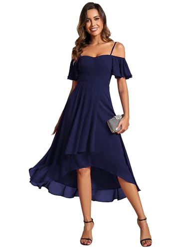Ever-Pretty Women's Summer Cold Shoulder Hi-Lo Asymmetrical Hem Flowy Chiffon Short Wedding Guest Dress 02103