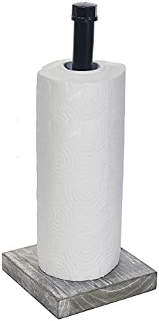Rustic Industrial Iron Pipe Design Paper Towel Holder with Solid Wood Base Farmhouse Paper Towel Roll Dispenser for Kitchen Bathroom Livingroom Office (GreyWhite)