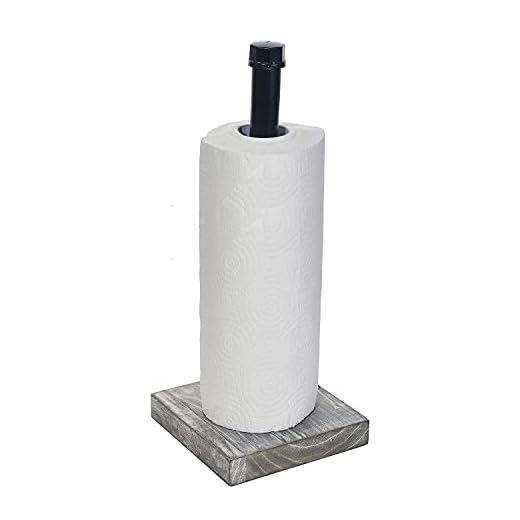 Rustic Industrial Iron Pipe Design Paper Towel Holder with Solid Wood Base Farmhouse Paper Towel Roll Dispenser for Kitchen Bathroom Livingroom Office (GreyWhite)