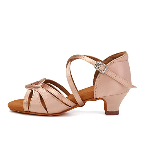 HIPPOSEUS Girls Silk Satin Latin Dance Shoes Open Toe Ballroom Salsa Dance Practice Performance Dancing Shoes Kitten Heel,Model EM2