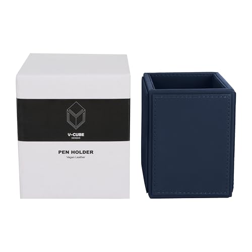 Image of V-CUBE DESIGNS Premium Vegan Leather Pen Holder for Desk & Study Table Accessory | Marker /Pencil Stand for Student | Stationery Organizer for Office Table & Home | 6mm Thickness with MDF Core | Blue