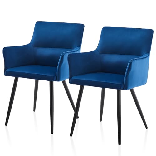 TUKAILAi Set of 2 Velvet Upholstered Leisure Dining Chairs with Armrests and Metal Legs (Blue)
