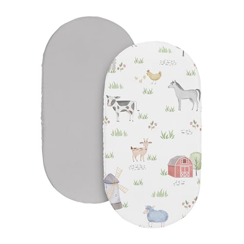 Image of Sweet Jojo Designs 2-Piece Baby Bassinet Sheets Set (Farm Animals) for Girls, Infant Newborn Nursery, Oval, Rectangle & Hourglass Mattress (Neutral, Farmhouse, Barn Animal, Farms Theme, Cow, Horse)