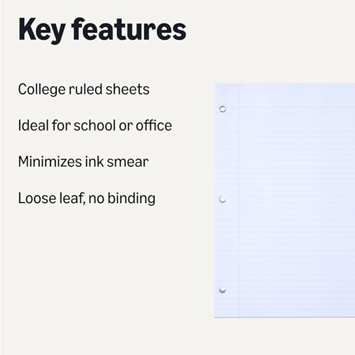 Amazon Basics College Ruled Loose Leaf Paper, 11" x 8.5", 150 Sheets, White, No Binding, 1-Pack view 2
