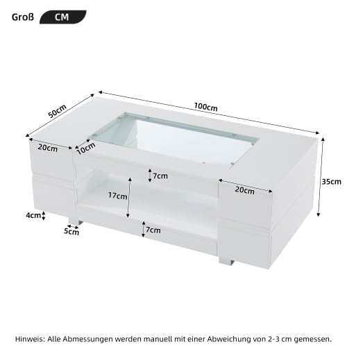 Merax Moderner Couchtisch Weiß 100x50x35cm mit LED-App-Steuerung, Wohnzimmertisch & Beistelltisch Couch, 2 Ebenen Stauraum, Wohnzimmer möbel, höhenverstellbar Coffee Table – Bild 3