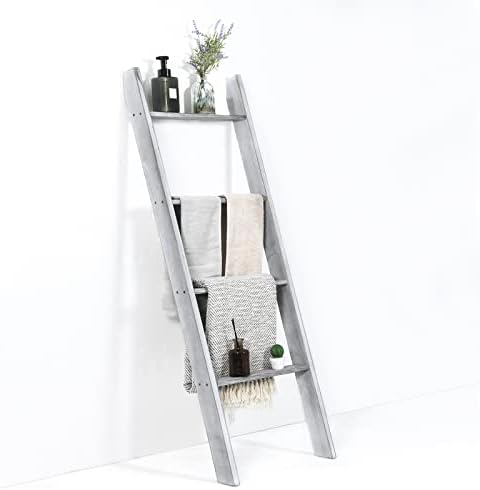 Tangkula 4-Tier Wooden Blanket Ladder, 4.5 ft Farmhouse Storage Rack, Wall Leaning Ladder Shelf Stand, Decorative Blanket Shelf for Living Room, Bathroom & Bedroom (Grey)