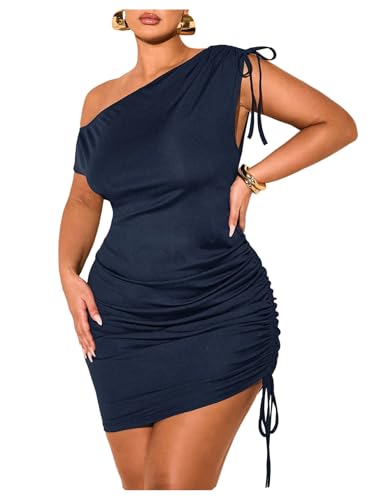 Floerns Women's Plus Size Off The Shoulder Short Dress Drawstring Ruched Side Formal Party Bodycon Mini Dresses