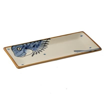 Bowltiful Japanese Style Ceramic Sushi Serving Platters Rectangular Sushi Plates (Blue Fish)