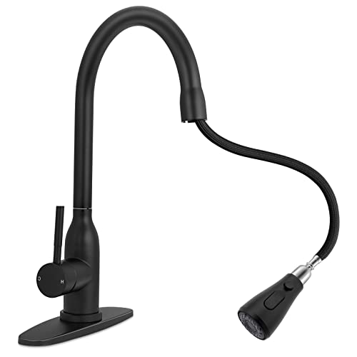 Homikit Black Kitchen Sink Faucet With Pull Down Sprayer, Stainless Steel Kitchen Faucets With Deck Plate For 1 Or 3 Hole, Matte Black High Arc Commercial Faucet For Farmhouse Laundry Utility Rv Bar #TOP7