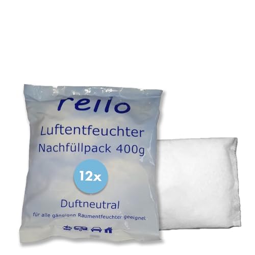 reilo 12x 400g Luftentfeuchter Granulat (Calciumchlorid), Raumluftentfeuchter im Vliesbeutel, Nachfüllpacks für Entfeuchterboxen 400 bis 1200g, Lufttrockner für Wohnräume, Schlafzimmer, Keller