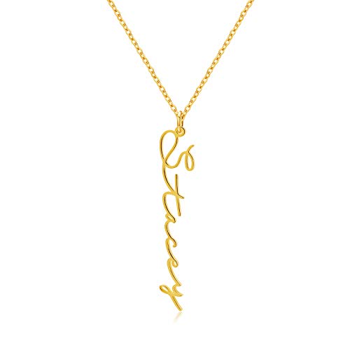 MRENITE 10k 14k 18k Solid Yellow Gold Personalized Vertical Name Necklace – Dainty Letter Engraved Bar Nameplate Jewelry with Birthstone - Custom Any Name Gift for Women