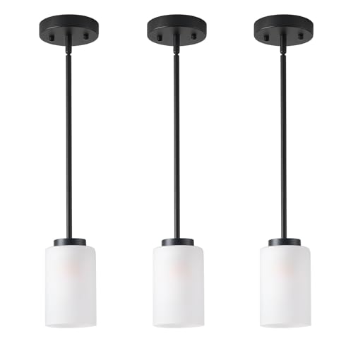Eietonte 1-Light Mini Pendant Light Fixtures, Industrial Chandelier Hanging Ceiling Lights with Opal White Glass, Adjustable Height, Black Pendant Lamp, 3 Pack