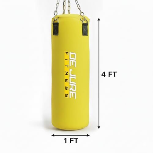 Image of De Jure Fitness Heavy Duty Punching Bag with Rust-Proof Stainless Steel Hanging Chain | Durable Polyester Fabric | Comfortable Recycled Filling | Boxing MMA, Kickboxing (Polyester-Filled-Yellow, 4 Ft)