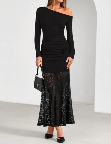 ZESICA Women's Long Sleeve Off Shoulder Bodycon Dresses Fall 2025 Ruched Lace Wedding Guest Cocktail Formal Maxi Dress2