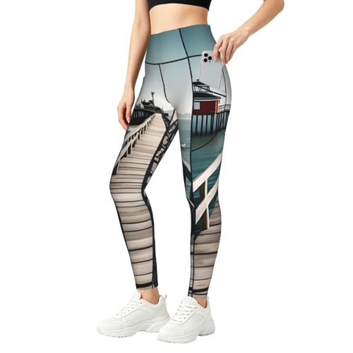 Leggings con estampado de muelle costero y top para conjunto de entrenamiento de mujer