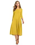 Hotouch Women's Elegant Long Sleeve Pleated Fit & Flare Dress Casual Solid Midi Dress (Mustard...