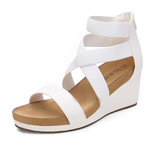 DREAM PAIRS Womens Elastic Ankle Strap Open Toe Platform Wedge Sandals Comfortable Summer Shoes 9 White
