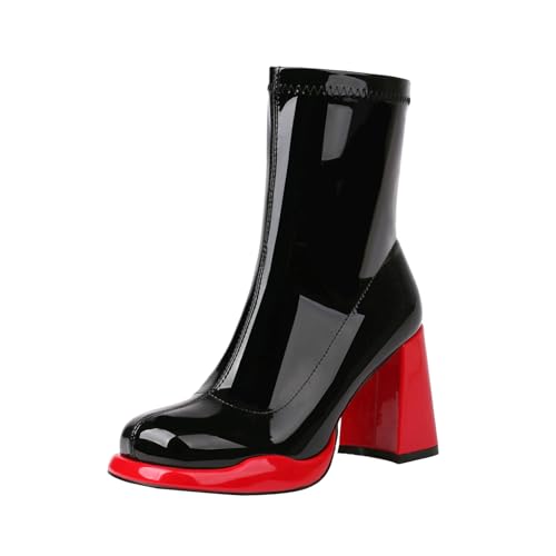 Mofirdast Gogo Boots Platform Chunky Heel Ankle Boots for Women Square Toe Mid Calf Boots with Side Zippers for Party Cosplay Dance