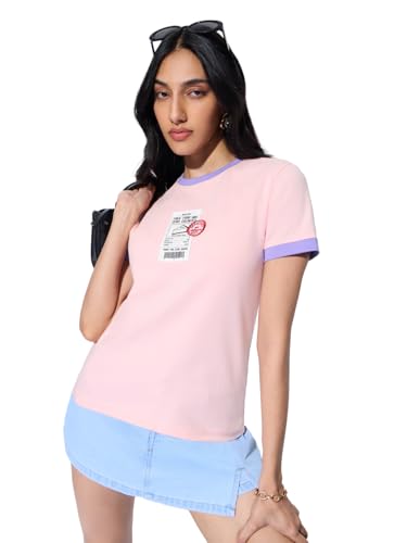 T-shirt streetwear en coton léger anti-transpiration col rond rose clair pour fille