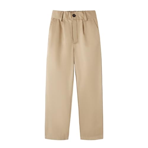 Image of HILEELANG Boys Chino Pants School Dress Pants Straight Leg with Pockets | Cotton Blend Fabric, Elastic Back Waist, Classic Chino Style, Side Pockets, Perfect for School Uniforms and Everyday Wear