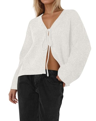 Image of SHBECYDE Women Tie Front Cardigans Sweater Lightweight Open Front Loose Fit Long Sleeve Knit Sweater Jackets Fall Outwear Top White