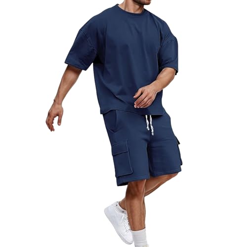 Ensemble short homme tenue de sport vêtement 2 pièces T-shirt manches courtes navy L