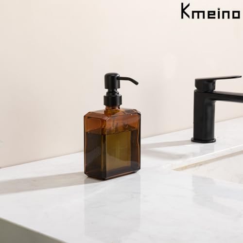 Image of Amber Soap Dispenser Square Bottle and Black Pump, Glass Dish Soap Dispense, Refillable Hand Soap Dispenser with Stainless Steel Pump, 13.5 oz Lotion Dispenser for Bathroom, Kitchen Countertop