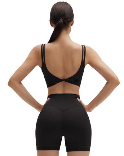 SUUKSESS Womens Workout Set Fitness Yoga Pilates Crop Tank Twist Back Cami High Waisted Tummy Control Bike Short (Black, M)