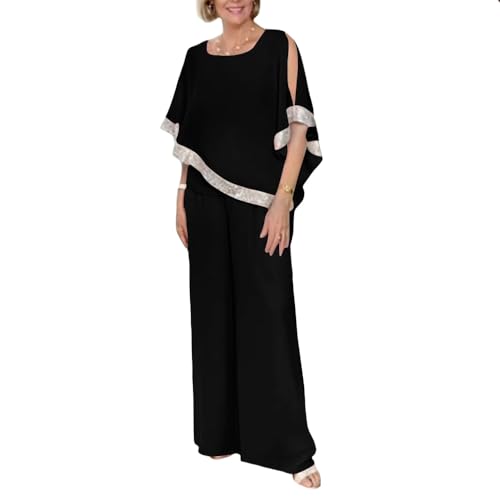 Women's Two Piece Outfits Crewneck Batwing Sleeve Wide Leg Chiffon Sequin Pant Suits Dressy Wedding Guest Pantsuits