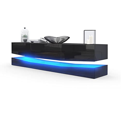 Vladon Mueble TV City, Cómoda TV con Elemento Inferior, 1 Compartimento Abierto y 3 Cajones, Negro de Alto Brillo/Negro de Alto Brillo, incluida iluminación LED (178 x Variable x 39 cm) Cover