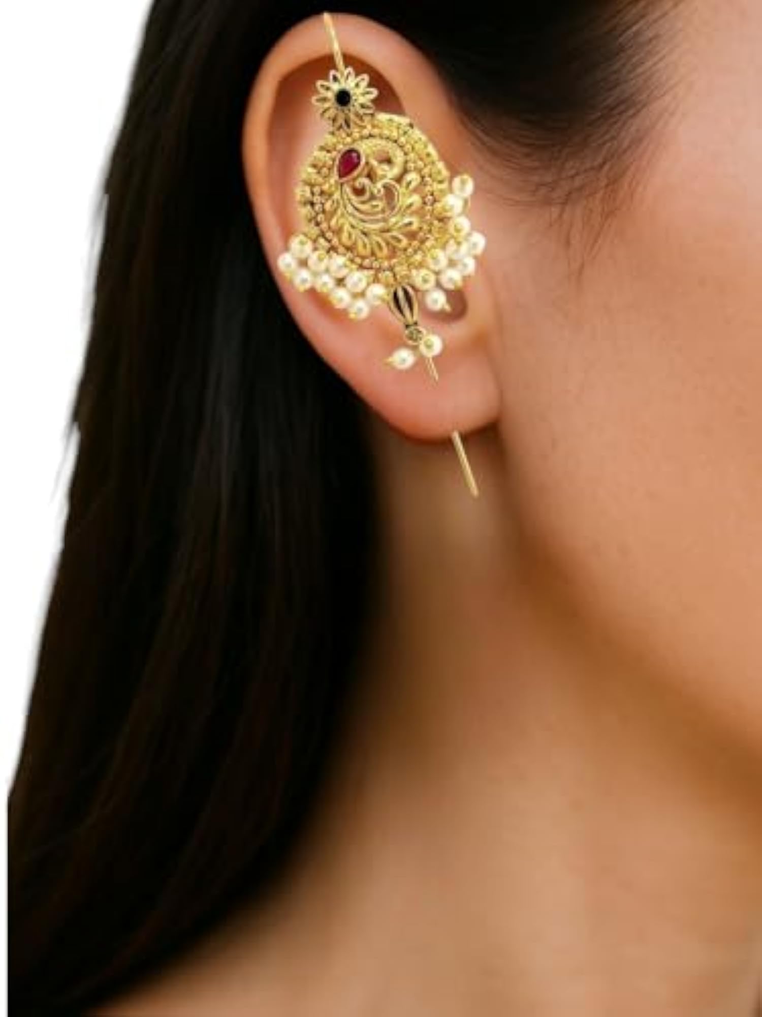 Gold Plated Traditional Peacock Needle Ear Cuff Earrings