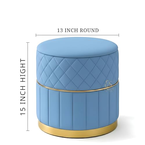Image of Set of 2 Round Velvet Ottoman Footstool Gold Base - Tufted Upholstered Pouffe Stool for Living Room, Bedroom & Dressing Area (Sky Blue)