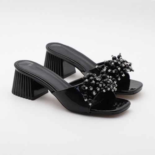 Womens Chunky Heeled Sandals Pearl Chunky Heel Slip-On Slides Sandals Square Open Toe Backless Mules2