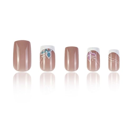 Abatare French Tip Press On Nails Pink Fake Nails Medium Length Glue On Nails Square False Nails With Pink Blue Butterfly Design White Tip Acrylic Press On Nails Cute Artificial Nails Glossy Stick On Nails thumb #2