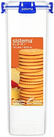 Sistema KLIP IT PLUS Cracker Food Storage Container | 1.8 L Biscuit Tin | Stackable & Airtight Fridge/Freezer Container with Lid | BPA-Free | Recyclable with TerraCycle® | Blue Clips | 1 Count