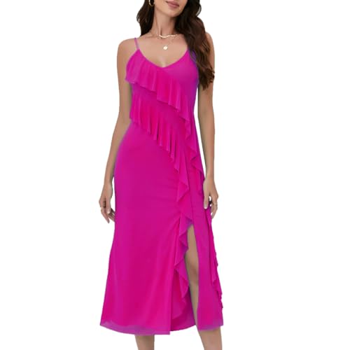 Image of Women's Spaghetti Strap Ruffle Side Split Long Dress Bodycon Beach Maxi Dresses
