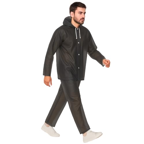 Image of Pivalo EVA Rainsuit Set 75 GSM with Adjustable Hood Full Sleeves Lightweight Raincoat with Pants waterproof Reusable Outdoor Travel Rainwear for Bike Riders Men (Pack of 1, Black)