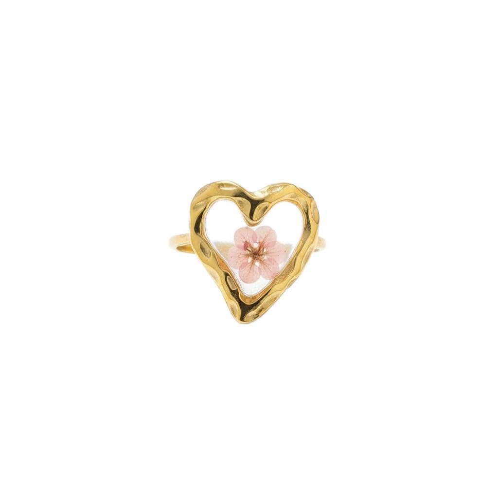Love Loop Heart Ring for Women | Real Dried Flower Encased in Resin | 18K Gold Plated Adjustable Ring | Floral Statement Ring | Tarnish-Resistant Fashion Jewellery