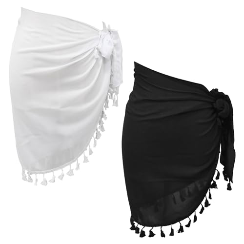 Rapidbok 2 50 x 180cm Sarong de Playa Mujer, Pareo Corto para Cubrir el Bikini, Accesorio de Playa Versátil para Vacaciones y Natación, Negro y Blanco (Poliéster, B)