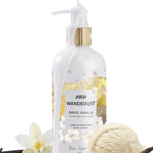 Image of Nykaa Wanderlust Swiss Vanilla Body Lotion, Long-Lasting Vanilla & Cedarwood Fragrance, Intense Hydration, Vegan, Paraben-Free, 24Hr Moisture, 300ml