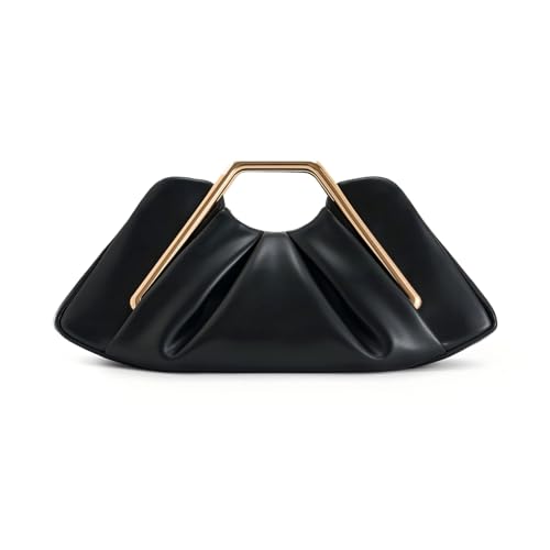 Women's Ruched Cloud Dumpling Clutch Purse with Geometric Metal Handle,