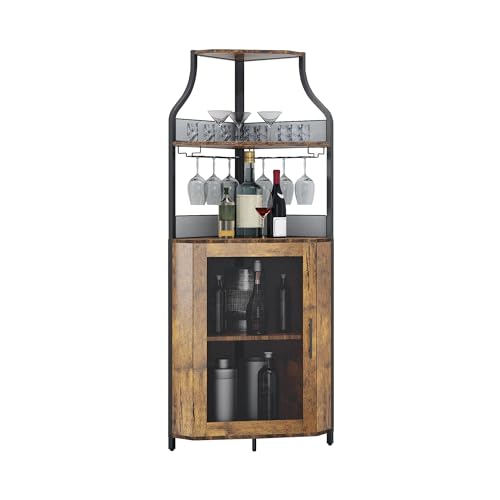 Garvee Meuble à Vin d'angle, Casier à Vin De Style Industriel avec éclairage LED, Meuble Bar avec Casier à Vin Réglable Et Porte-Verres, Rangement pour Boissons,Bar à Vin pour Cuisine